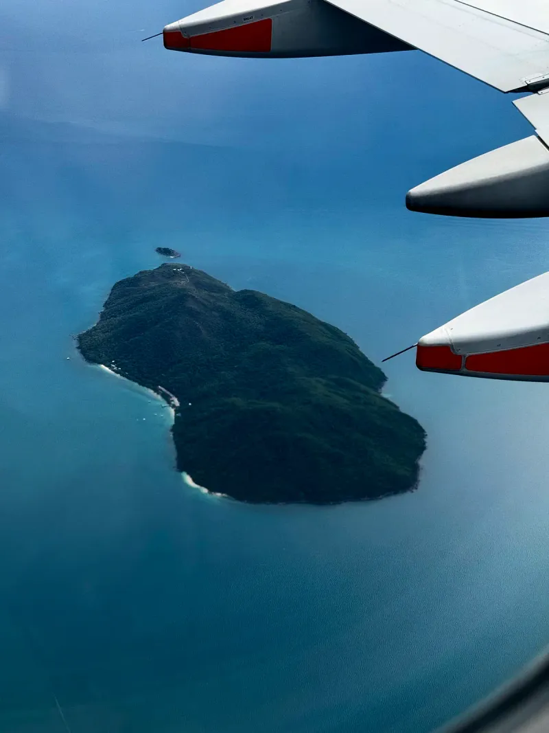 Isola boscosa circondata da un mare blu intenso vista oltre l'ala di un aereo di linea