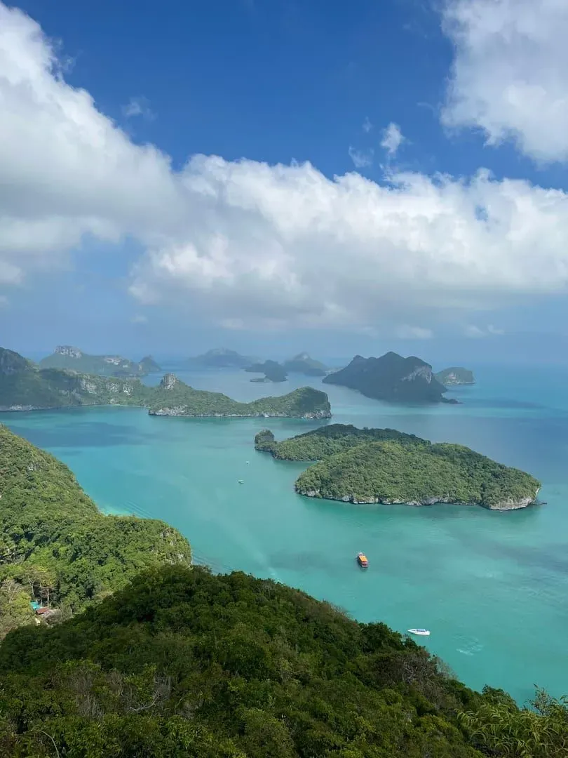 Aerial view of the emerald islands and turquoise water of Ang Thong National Marine Park near Koh Samui