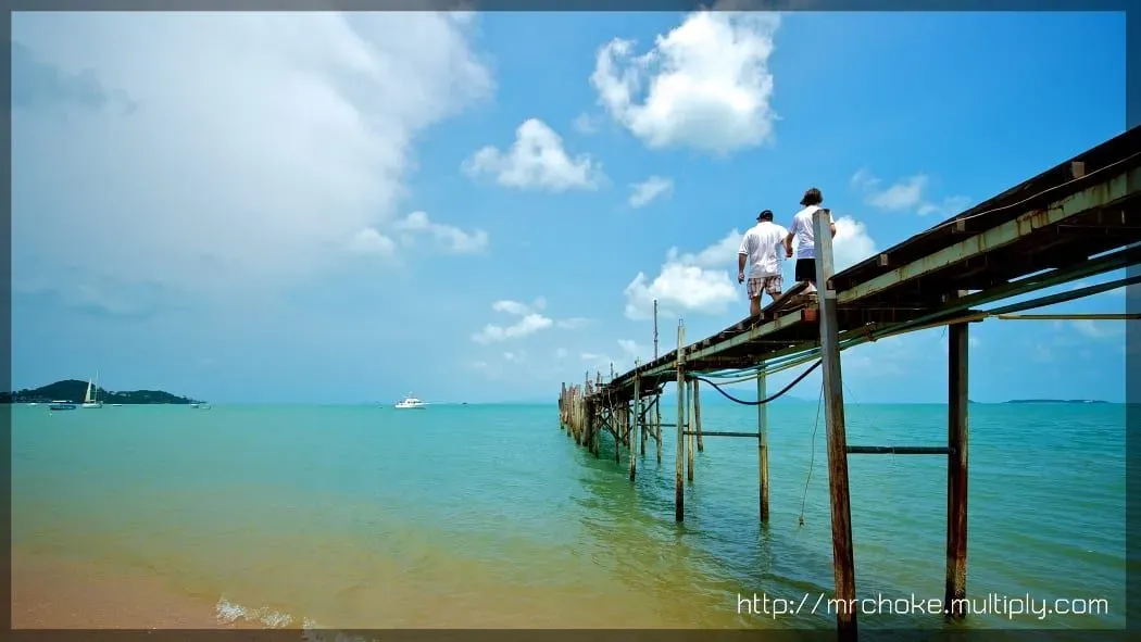 Wooden pier with moored boats at Fisherman's Village, Bophut, Koh Samui, near the Samui Boat Charter office