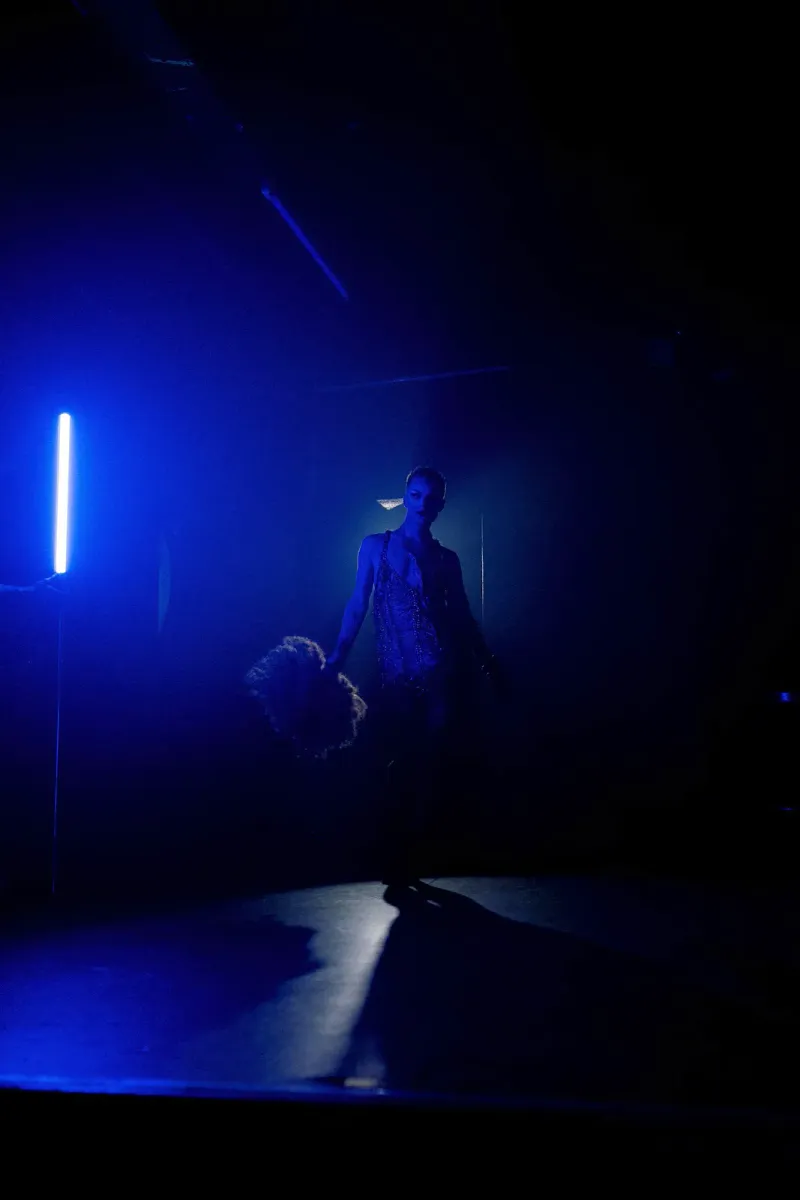 A performer on stage highlighted by vivid coloured lights
