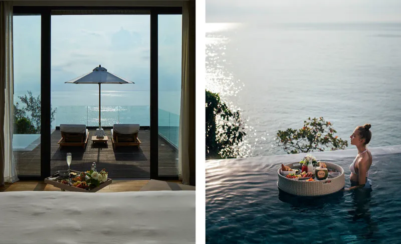 Private pool villa dining setup at Cape Fahn Hotel's private island resort, Koh Samui