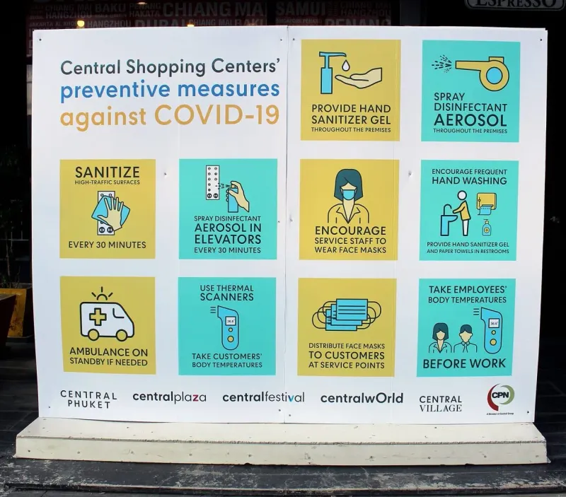 Entrance signage at Central Samui shopping mall with preventive health measures notice, Chaweng, Koh Samui