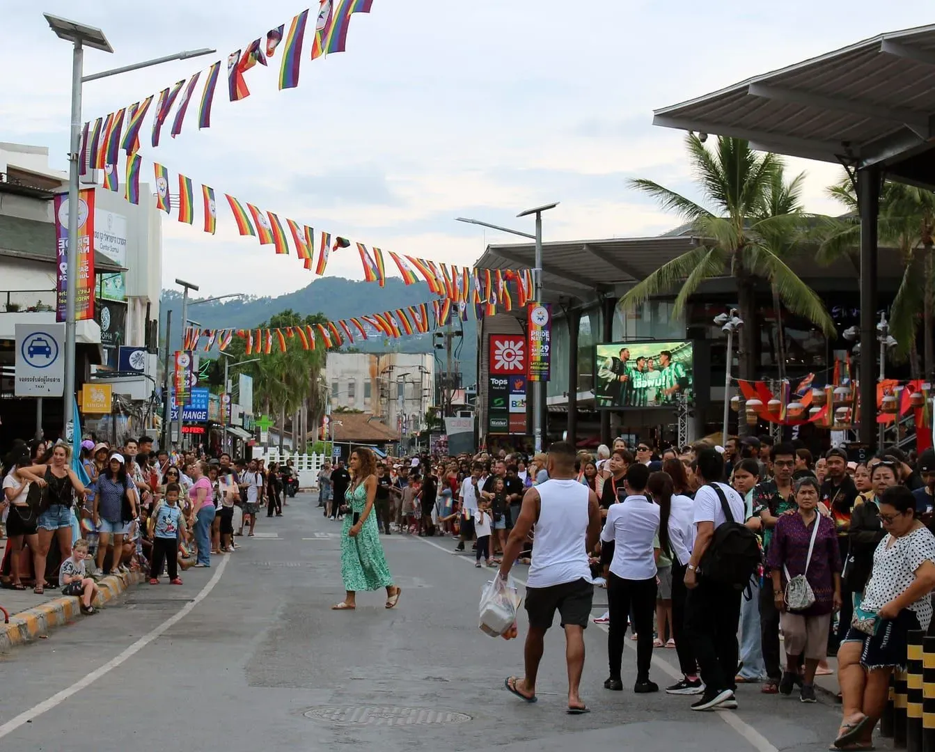Street view of Central Samui mall exterior with Tops supermarket signage on the Chaweng ring road, Koh Samui