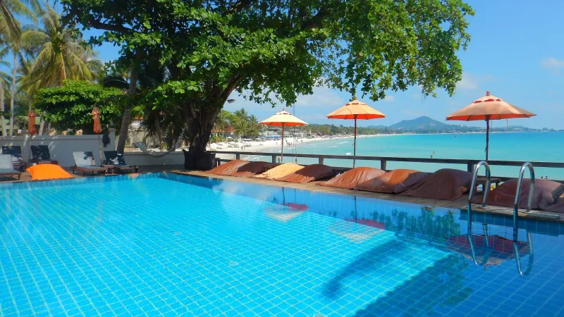 Beachfront resort area in Chaweng Koh Samui with tropical landscaping