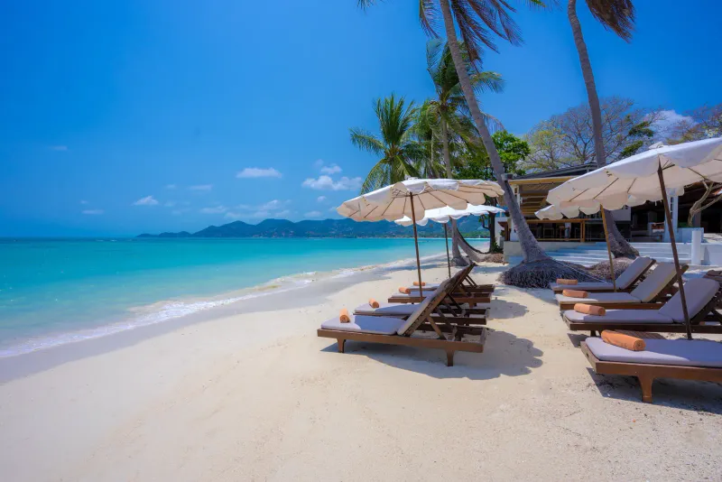 Transats et parasols sur le sable blanc d'un resort de la plage de Chaweng, à Koh Samui