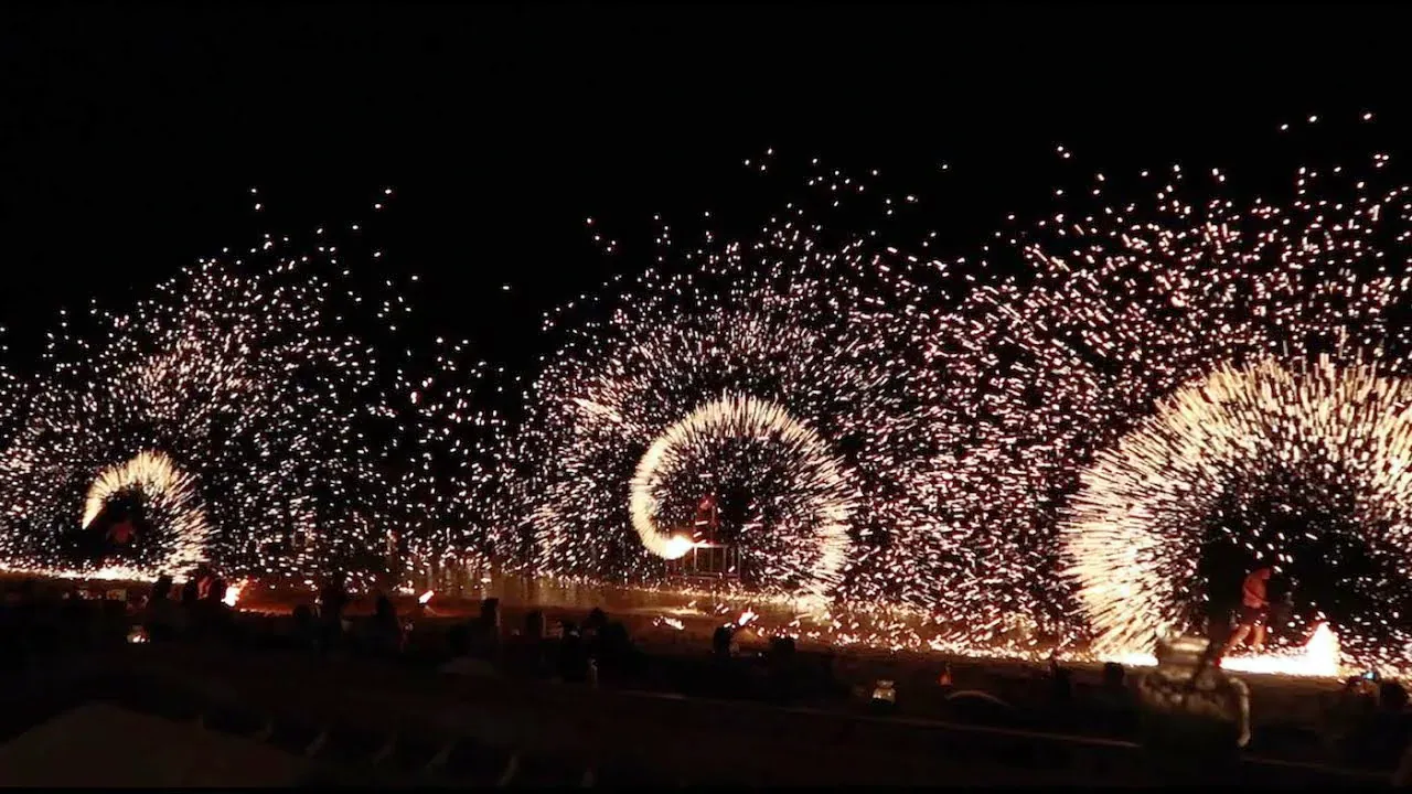 Coco Tam's fire show on Bophut Beach, as featured in a visitor's vlog