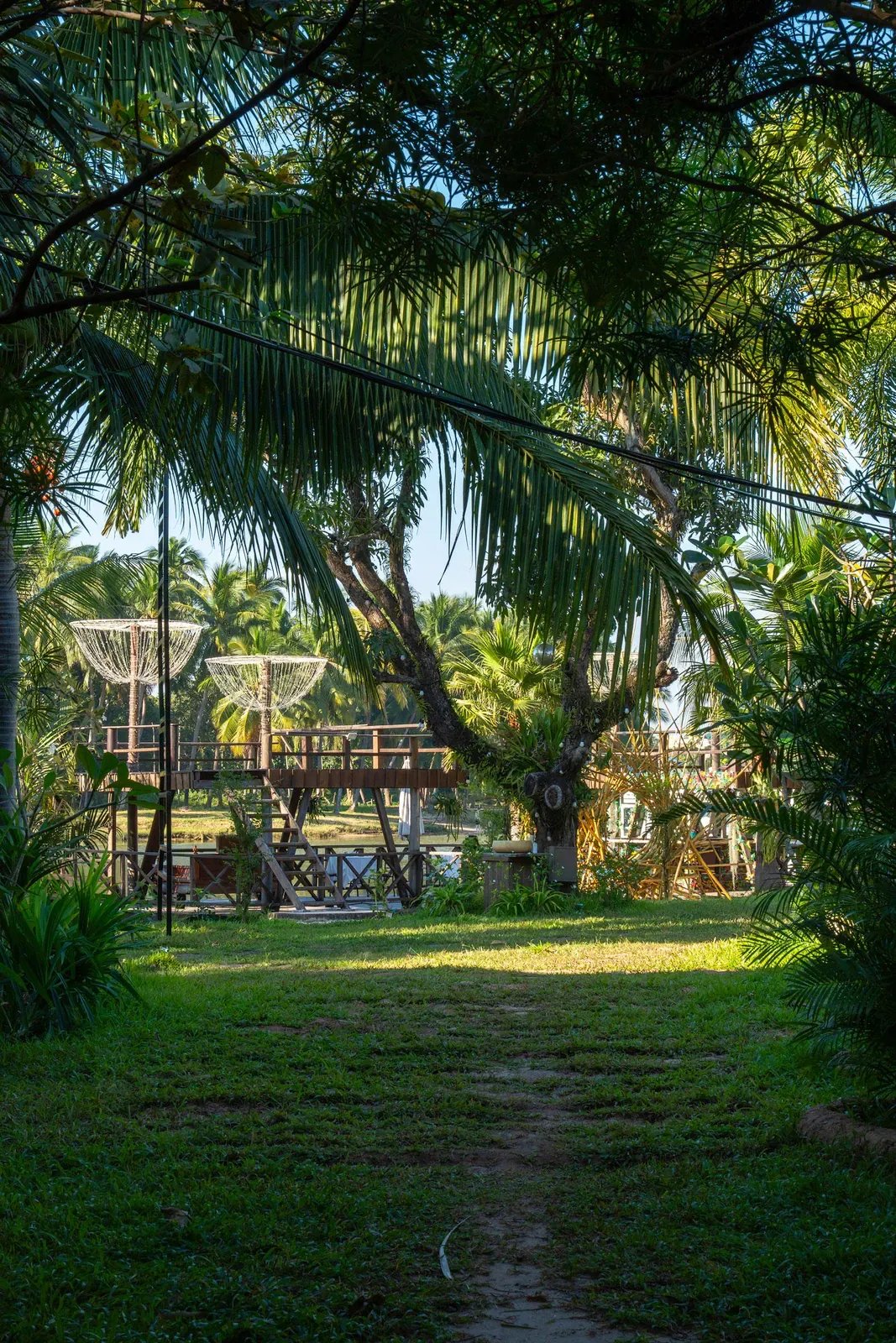 A treehouse-style structure amid lush tropical greenery, generic illustration of the garden setting art parks like Dusit Dhewa occupy