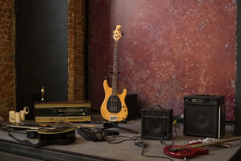 Guitares électriques et acoustiques sur des supports près d'enceintes, le type de stock et de matériel de sono d'un magasin d'instruments