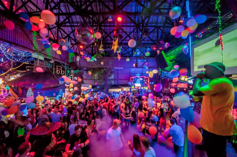 Balloons and laser lights over the dance floor at Green Mango Club