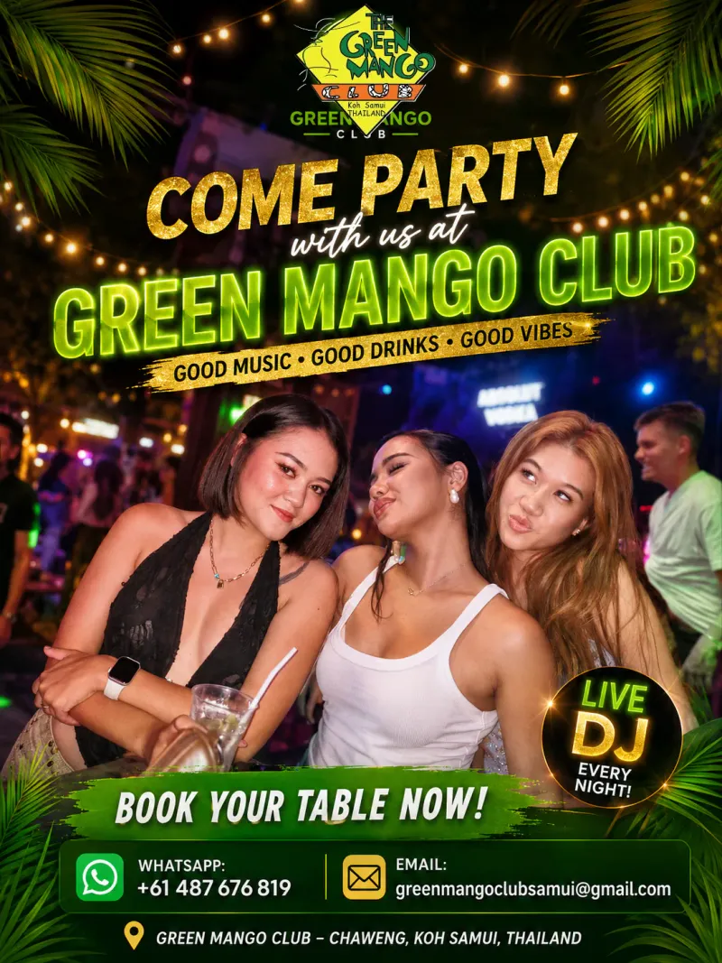 Official Green Mango Club promotional flyer for its nightly live-DJ parties