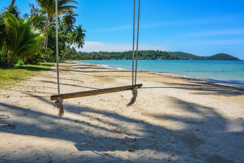 Swing hanging over a palm-lined Gulf of Thailand beach, illustrating a relaxed Koh Samui itinerary pace
