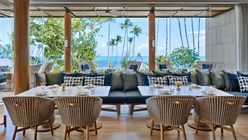 Poolside cabana seating overlooking the Gulf of Thailand at Hyatt Regency Koh Samui