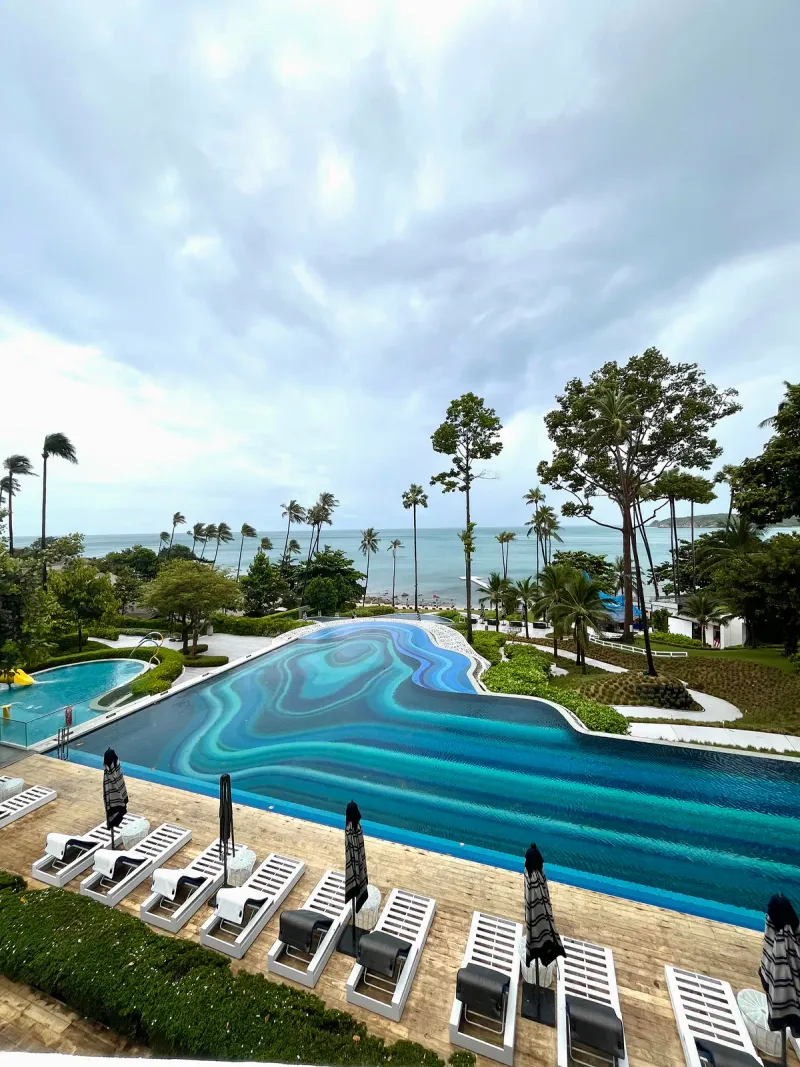 Open-air lobby lounge at Hyatt Regency Koh Samui overlooking the pool and sea