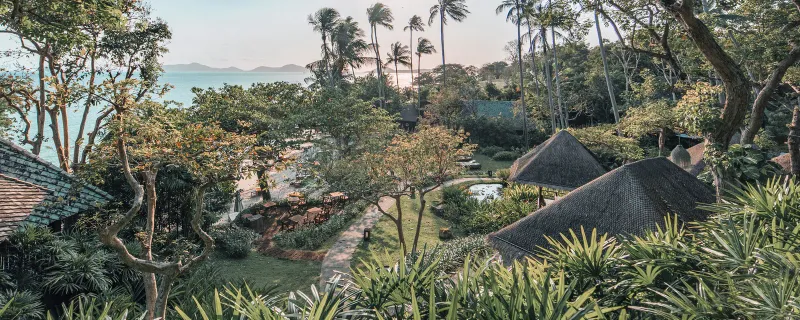 Luftaufnahme der strohgedeckten Pavillondächer des Kamalaya-Resorts zwischen Dschungel und Meer