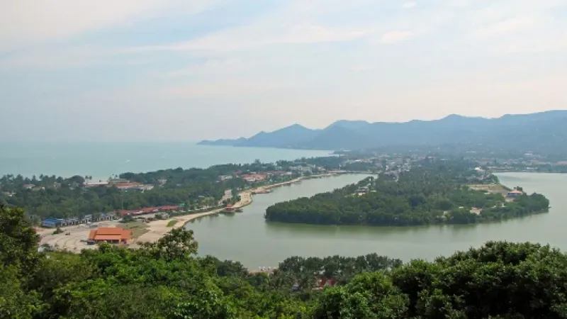 Panoramic view from the hilltop over Chaweng Lake, the coastline and distant mountains