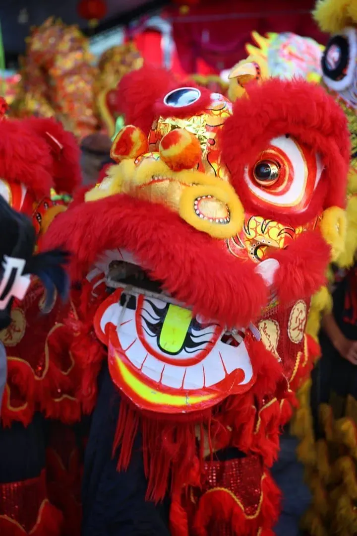 Close-up of a Chinese lion dance costume head during a festival