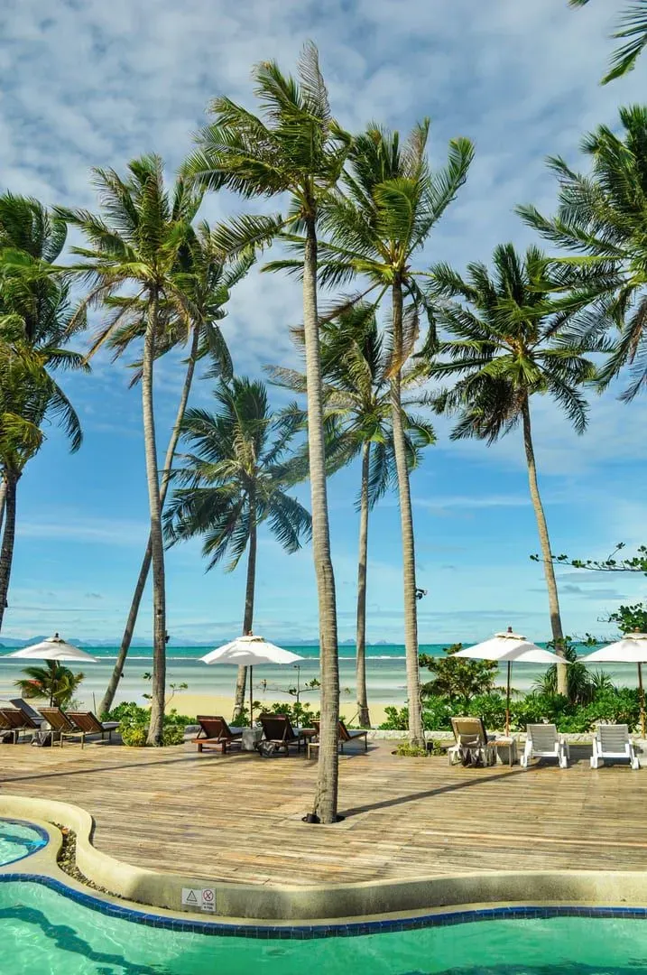 Palm-lined resort beach with calm shallow water typical of Choeng Mon Koh Samui