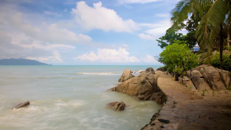 Rocky granite coastline with palm trees along Choeng Mon Beach, Koh Samui, looking toward the northern headland