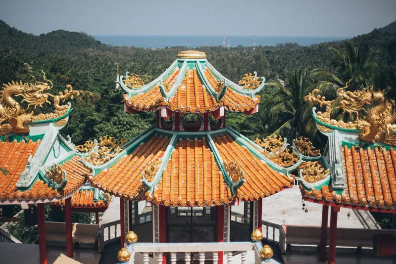 Meditation retreat setting at a Koh Samui temple with seated practitioners