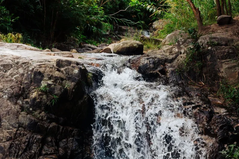 Tranquil tiered waterfall flowing through greenery on a Koh Samui jungle trek