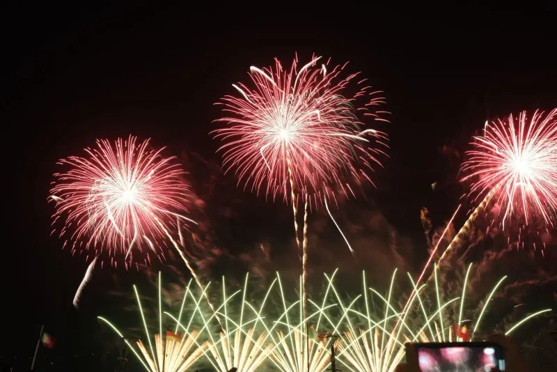 Vivid multicolor fireworks lighting up the night sky during a Koh Samui countdown celebration