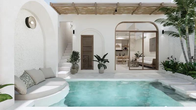 Modern minimalist villa with private plunge pool and tropical plants near Koh Samui