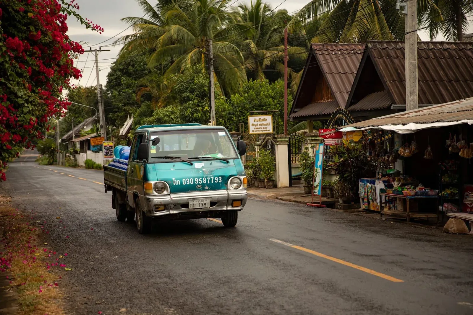 Rural road on Koh Samui lined with palm trees and local shops, typical of the ring road route