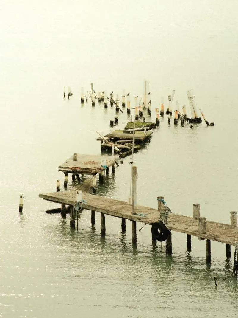 Quiet wooden pier over calm water, similar to the boat piers at Bang Kao and Thong Krut