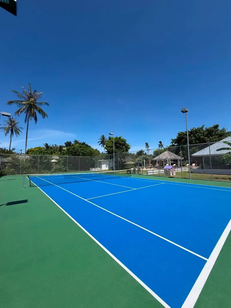 A blue hard tennis court under a blue sky with palm trees