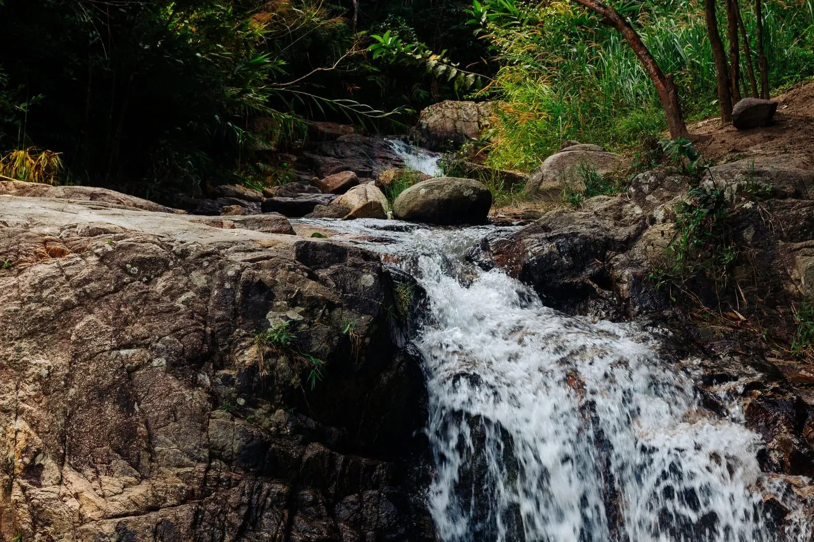 Tiered jungle waterfall over mossy rocks typical of Koh Samui's interior hiking trails