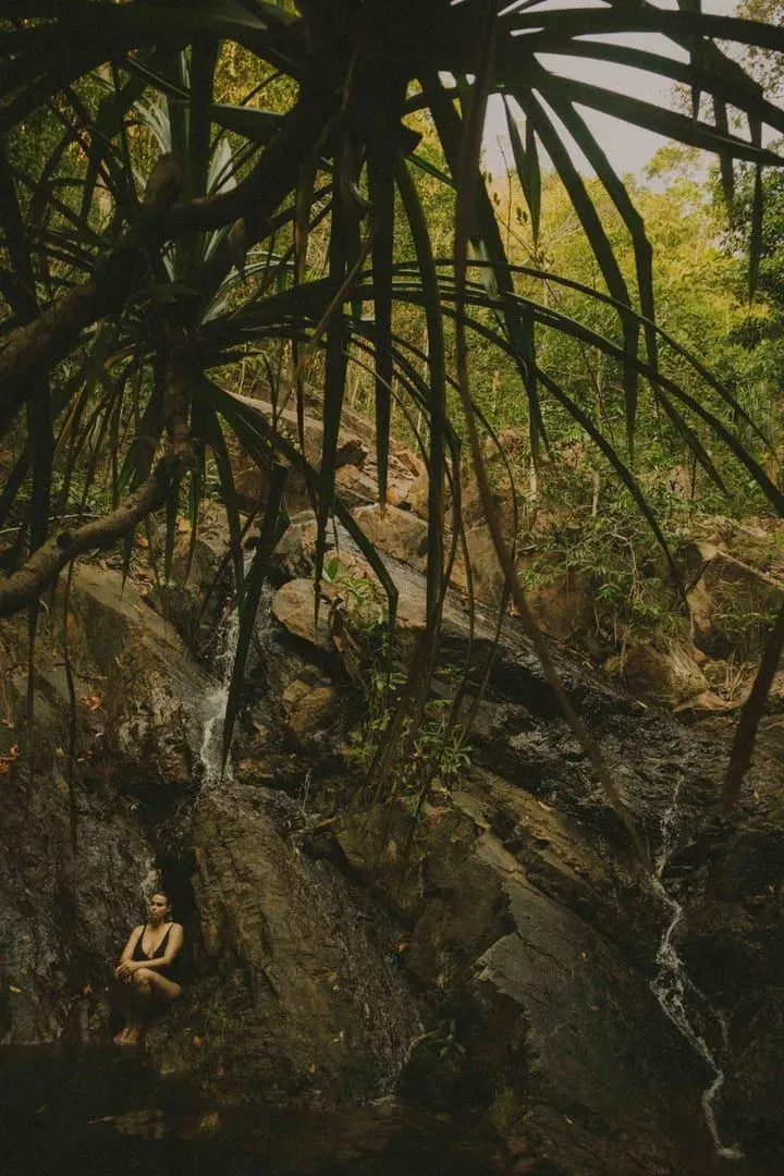 Hiker resting beside a remote jungle waterfall pool on a Koh Samui-style trek