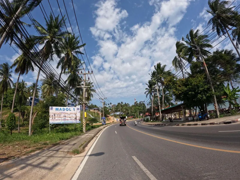 Palm-lined coast road near Hua Thanon and Maret, close to Krua Chao Baan seafood restaurant on Koh Samui