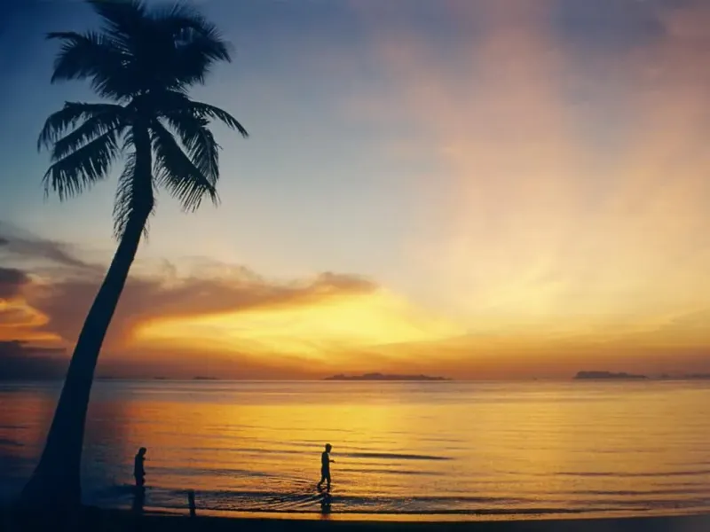 Lipa Noi Beach on Koh Samui shortly after sunset with a coconut palm and Ang Thong Marine Park islands visible on the horizon