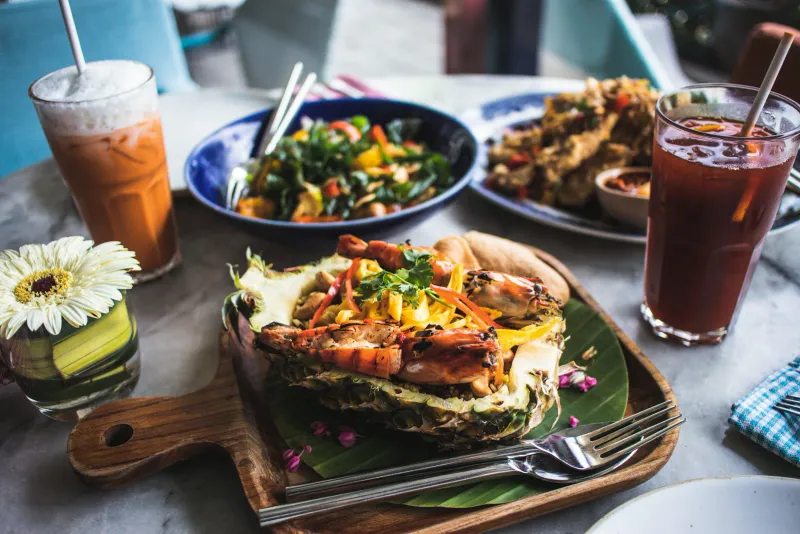 Colorful Thai seafood spread, a style of dish served at Long Dtai, Koh Samui