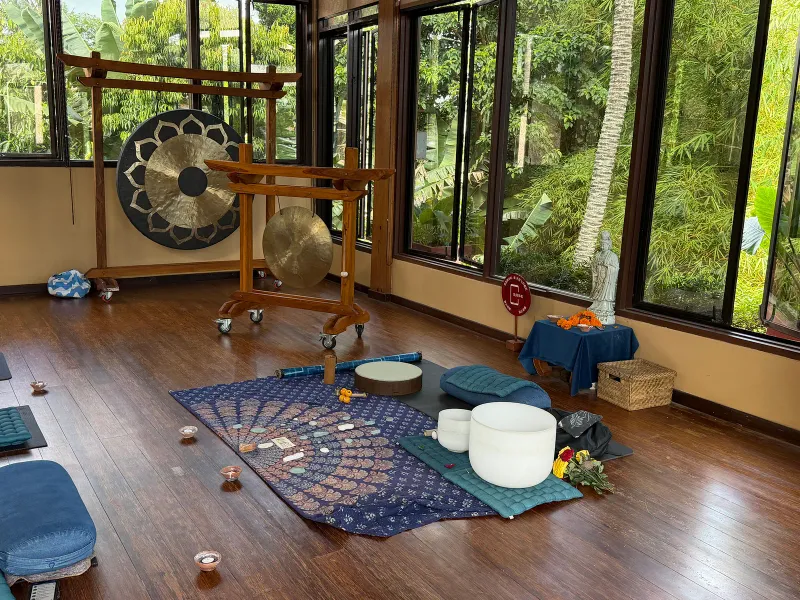 Sound healing room with singing bowls and a gong