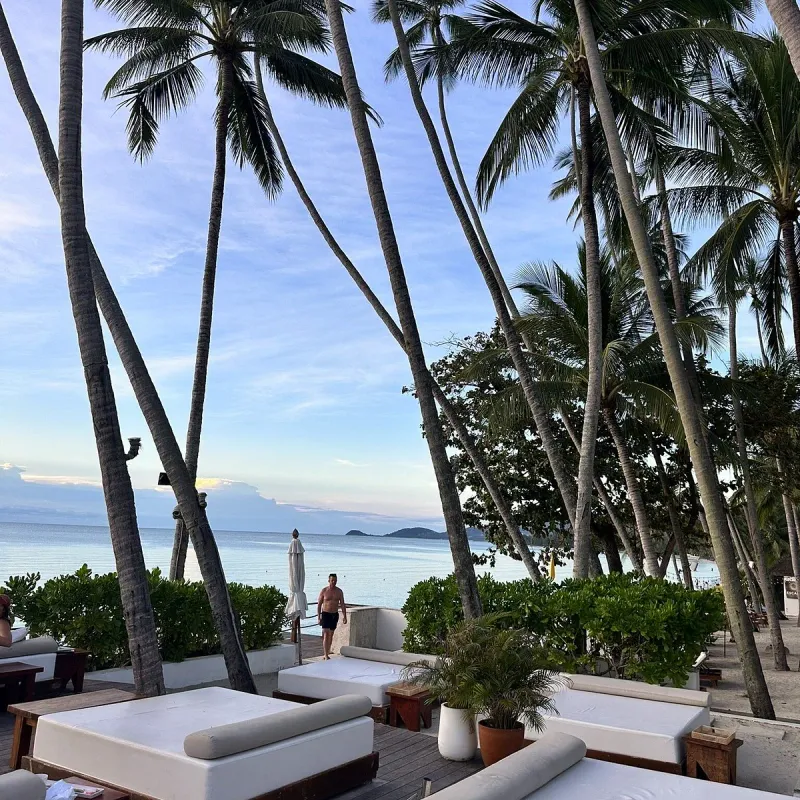 The Nikki Beach Koh Samui resort's pool and grounds framed by palm trees at Lipa Noi