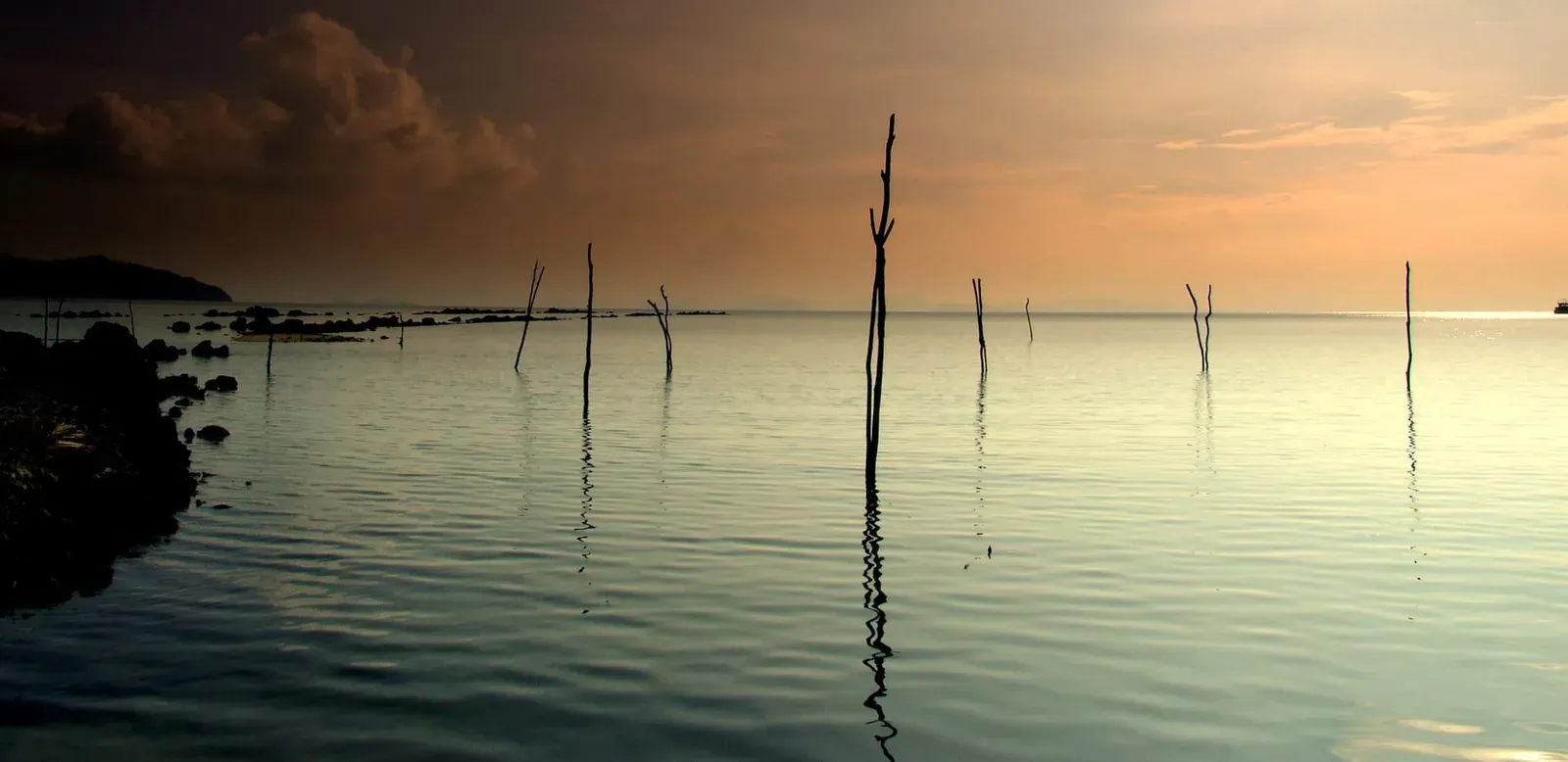Sunset over calm water on Koh Samui's coast, with bamboo stakes marking the shallows