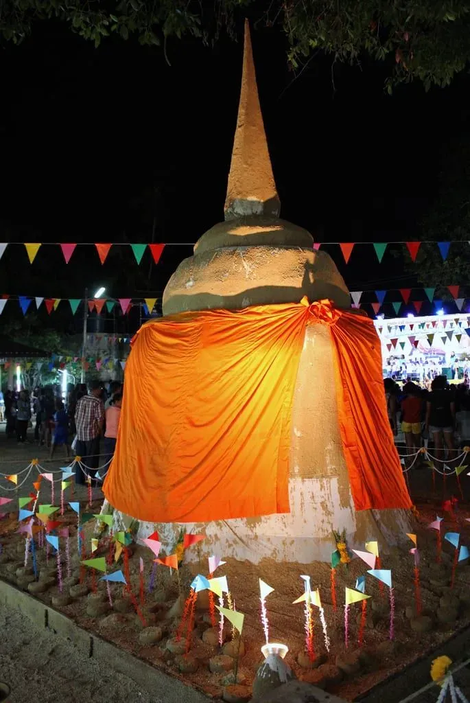 Songkran symbolic sand pagodas in temple. (2016, Wat Phu Khao Thong, Ban Maenam, Koh Samui)