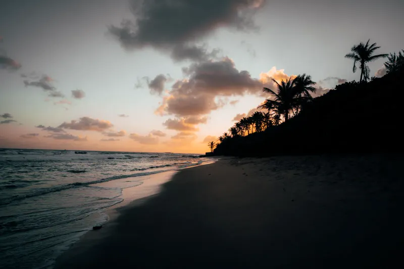 Silhouette von Strand und palmengesäumtem Kap in der Dämmerung über ruhigem Wasser
