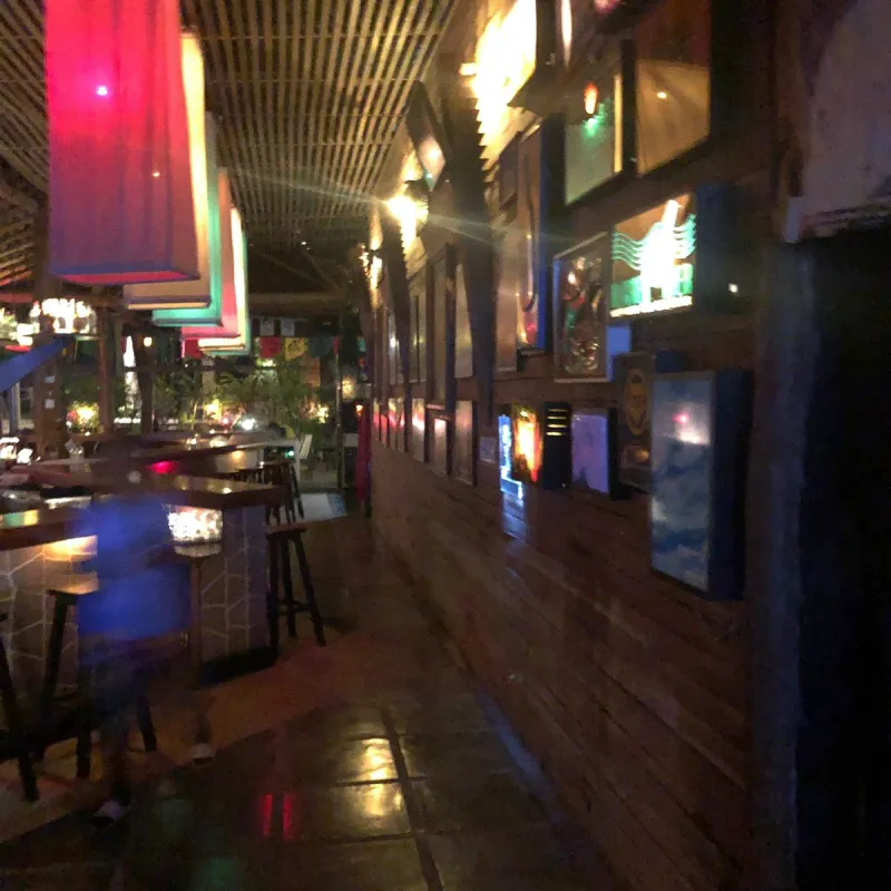 A wood-panelled corridor inside Reggae Pub lined with framed memorabilia and neon signs