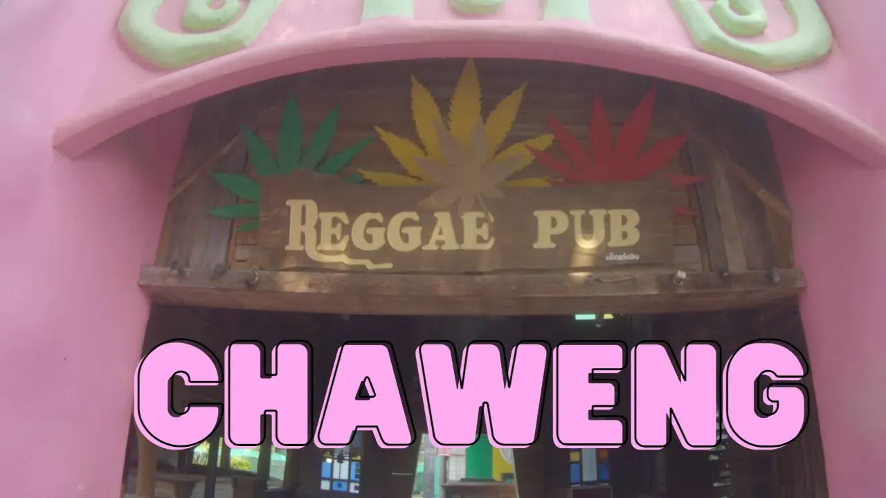 Reggae Pub's wooden entrance sign with cannabis-leaf decoration, from a video filmed at the bar