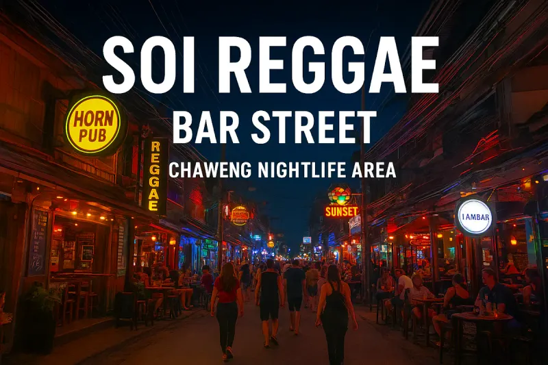 Soi Reggae's bar street in Chaweng at night, lined with small bars, neon signs and evening crowds