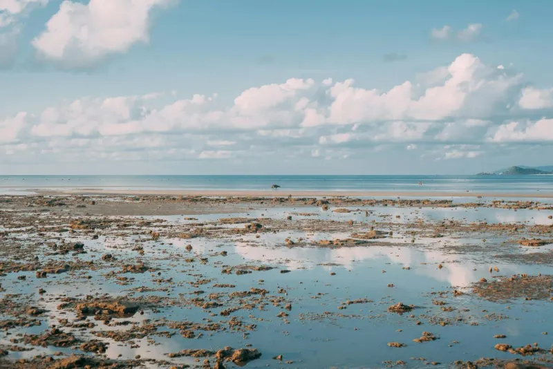 Shallow low-tide pools on a north-coast Koh Samui beach, calm for toddlers