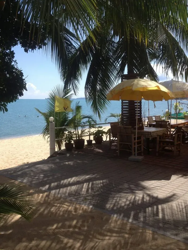 A beachfront bar terrace under palm trees near Maenam Viewpoint, Koh Samui