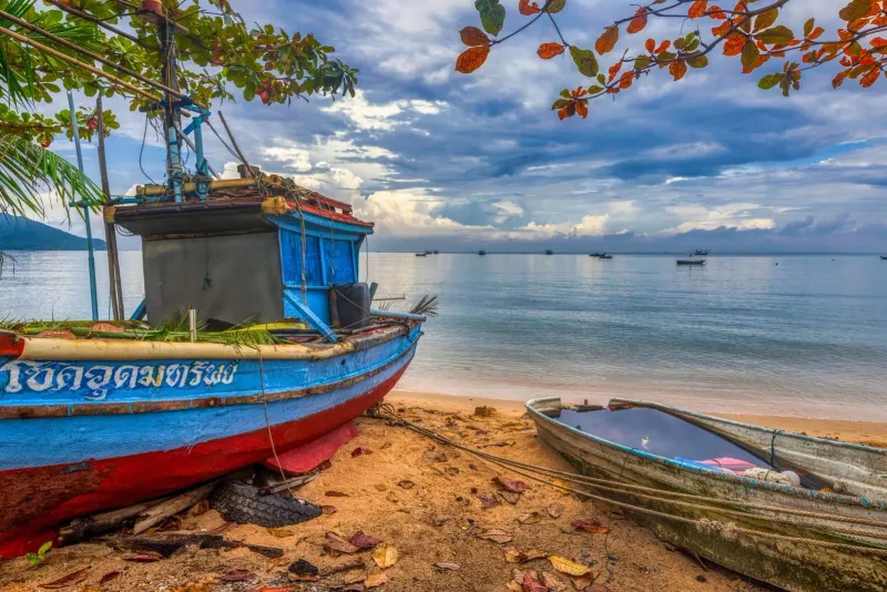 Vibrant hand-painted fishing boats moored along a Koh Samui shoreline at sunrise