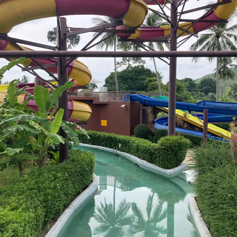 Samui Water Park's slide tower and lazy river channel, pictured on a Tripadvisor listing