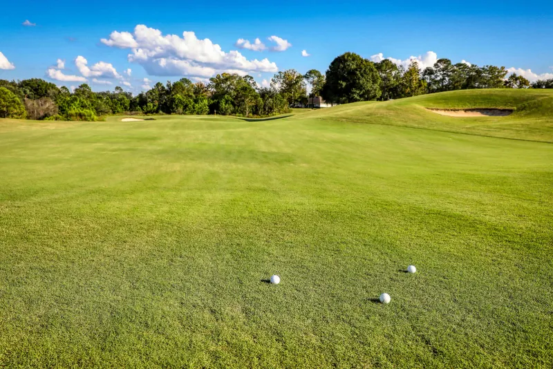 A football resting on the grass of a sunny golf course fairway
