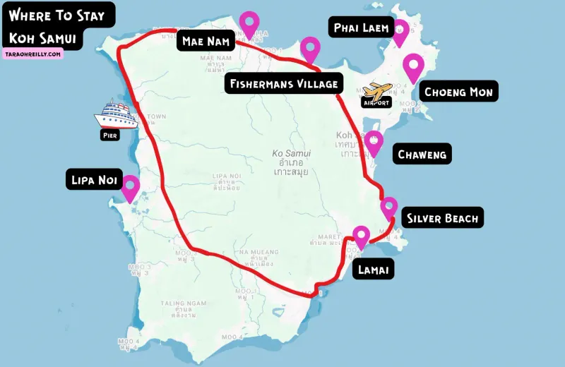 Plan de Koh Samui avec la route circulaire en rouge autour de l'île reliant Mae Nam, Chaweng, Lamai et l'embarcadère