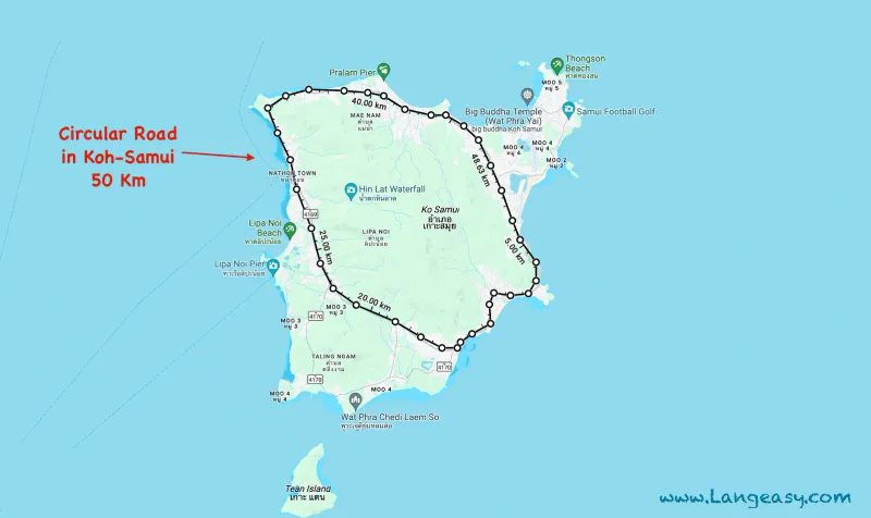 Mappa della strada circolare di 50 km intorno a Koh Samui con Mae Nam, Nathon, Lipa Noi e Taling Ngam