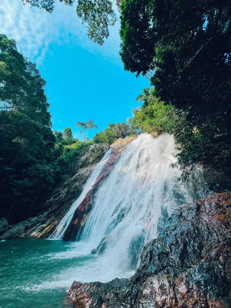 Sunlit jungle waterfall dropping into a clear plunge pool